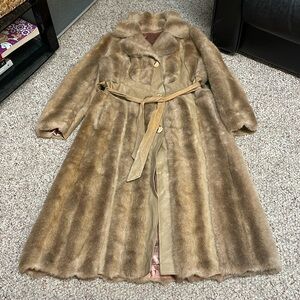 Vintage 70s faux fur vegan leather long belted coat